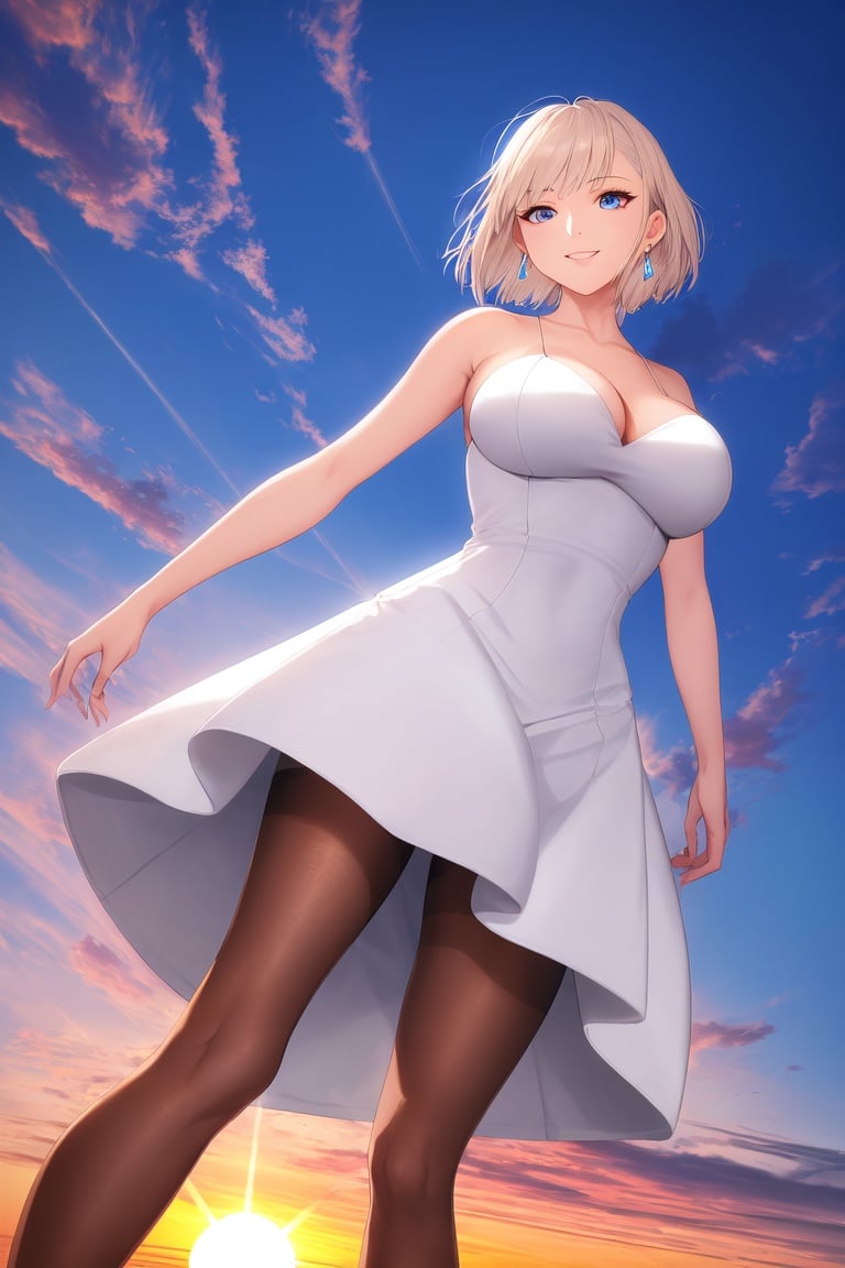 Image of absurdres, 1girl, short hair, platinum blonde hair, blue eyes, huge breasts, cleavage, sleeveless dress, white dress++, pantyhose, brown legwear++, strappy heels, earrings, outdoors, sunrise+, rooftop, looking at viewer, from below, smile, wind lift, masterpiece+++