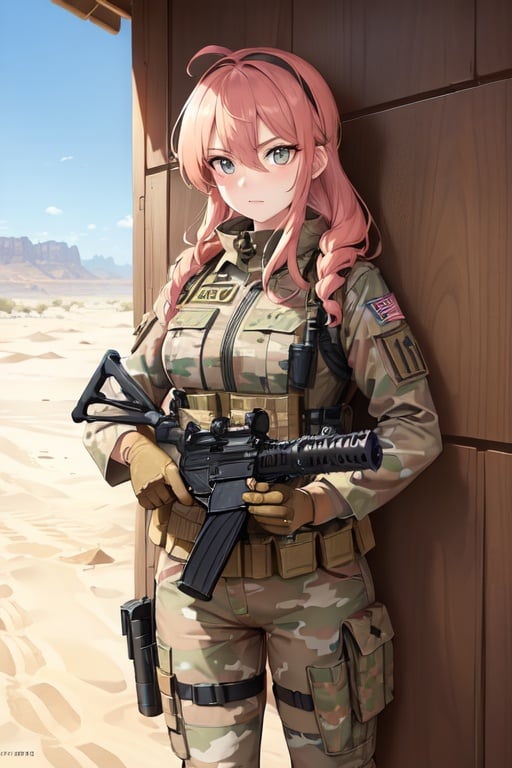 Image of The desert operative on operation, desert gear, armor, m4 rifle, fair hair