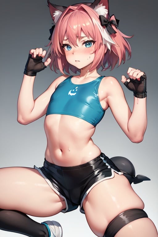 Image of blush, embarred, astolfo, long twin tails, adorable, adult body, forced lewd pose, (flat chest)++, bulge, short body, azure blue eyes, adorable big eyes, curvy thighs+++, royal lingerie, slim waist+++, wide his+++, princess hilda, purble hair, cat ears, leg braces, (masterpiece), gym, short gym uniform, a lot of details, very detailed, tender, sucubus, 2 persons, fighting, fight, hourgl figure, blue eyes, drawing art, drawn, curvy thighs, black dolphinshorts+++, slim waist, wide hips, slim body, skimpy outfit, short black top, black knee socks with white stripes, black sweat armbands, sneakers, big alieneyes