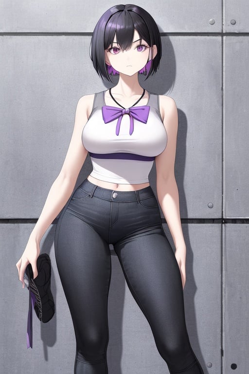 Image of woman with short black hair down to her shoulders Purple eyes He wears a gray sleeveless shirt, navy blue denim shorts and has black leggings on with a pink ribbon on the right leg and white and red tennis shoes and is wearing a purple sweatshirt Human big thighs and breats