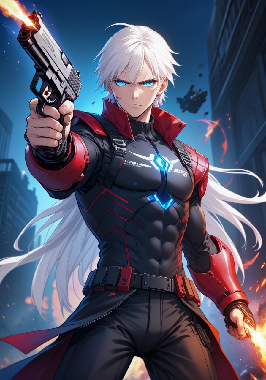 Image of blame!, killy, graviton annihilator, brutal, male, white and black, red, epic, portrait, handgun, white hair, blue eyes