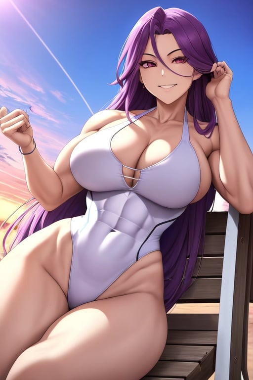 Image of absurdres, curvy, long purple hair, mature, muscular woman, abs, femdom, evil, dangerous, smiling, lying down, long hair, brown eyes, medium breasts, cleavage, one-piece swimsuit, white swimsuit++, barefoot, outdoors, sunrise+, poolside, looking at viewer, from below, index fingers together, smile, masterpiece+++