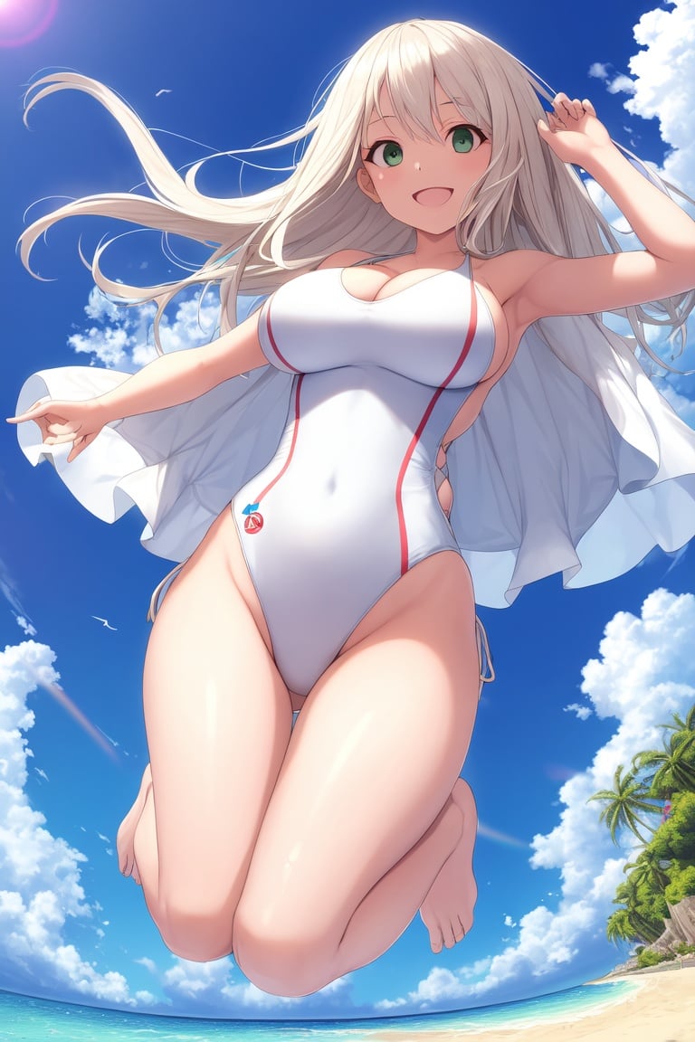 Image of absurdres, 1girl, long hair, platinum blonde hair, green eyes, huge breasts, cleavage, one-piece swimsuit, white swimsuit++, barefoot, outdoors, sunrise+, beach, looking at viewer, from below, jumping, smile, masterpiece+++