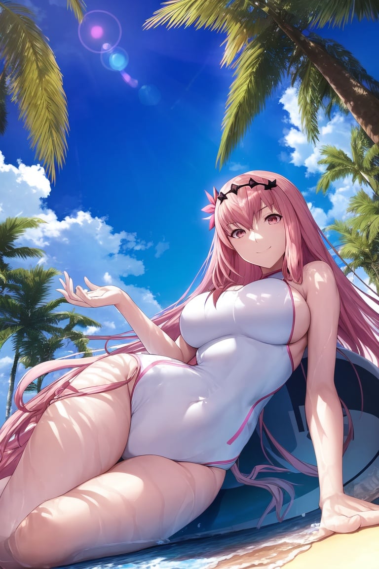Image of absurdres, fate/grand order, medb (fate), pink hair, long hair, brown eyes, medium breasts, cleavage, one-piece swimsuit, white swimsuit++, barefoot, outdoors, sunrise+, poolside, looking at viewer, from below, index fingers together, smile, masterpiece+++