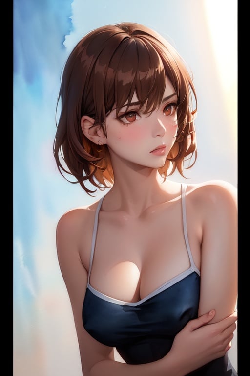 Image of 1girl, solo, pool, swimsuit, traditional media, (watercolor painting)++ on cold-pressed watercolor paper, brown hair, looking at viewer, breathtaking, extremely delicate, square jawline and prominent chin, high cheekbone, textured, prominent outline, fine-art, painterly, artistic, soft diffused glow, cinematic lighting++, beautiful detailed eyes+, light effect++, hair ornament, blending of tones using soft brush, dry-on-wet painting technique, highly detailed, textured, painterly, fineart style, coherent, epic composition,(sharp:0.8), grainy,  dramatic lighting , professional  concept art, by artgerm and greg rutkowski, an intricate, elegant, highly detailed painting, 