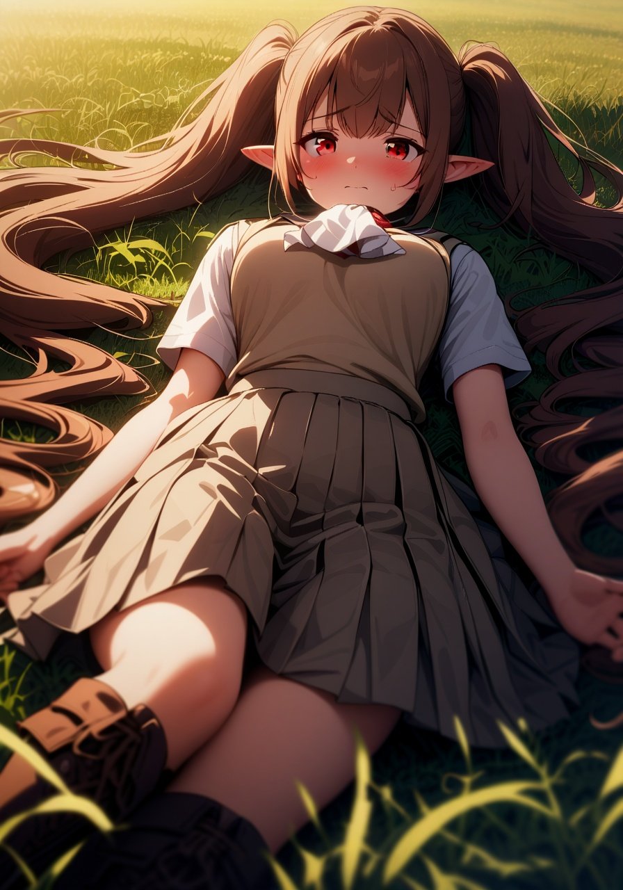 Image of 1girl, solo, cinematic lighting, atmospheric, lying, on back, brown hair, (red eyes)+, nervous, twintails, very long hair, pointy ears, school uniform, boots, ascot, field