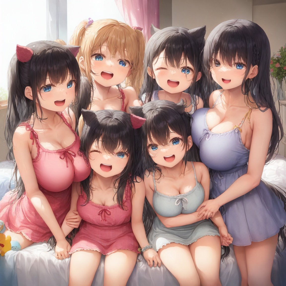 Image of 6+girls, (6+girls)+, Multiple identical women, many young girls with identical face and identical hairstyle and very long hair and very mive breast and long thigh and long legs and black hair and blue eyes and wearing sleeveless sundress are hugging each other and yelling at bedroom and happy, warm light, black hair, long hair, happy, bed beside table, in the morning, identical twin sister, (happy face)+