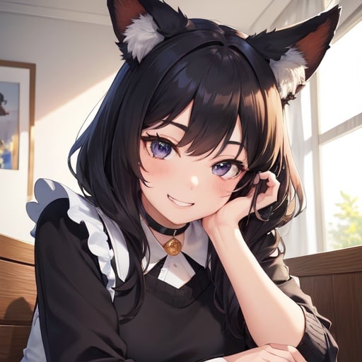Image of 1girl, solo, head rest, dutch angle, indoors, grin, maid dress, black hair, fox ears, grey eyes, collar, loose sweater+, 8k, 4k ultra detail, high quality,