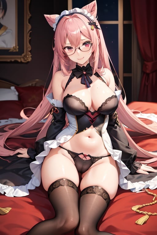 Image of (Genshin Impact, Sucrose) +++, girl ++++, perfect figure ++++, long legs +++, big hips ++++, big breasts +++, shiny skin ++, velvet skin + ++ (long hair, in a bun) +++, beautiful face +++, perfect face +++, blush +++, open mouth smile +++, (maid costume, stockings, gles, frills) +++ +, (ination, pantsu shot, y pose) ++++, inside the house, solo ++++, super quality +++