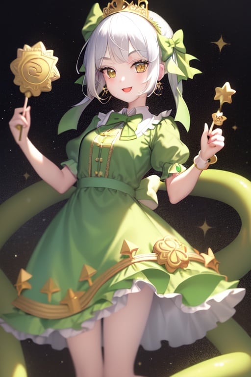 Image of 1girl, short white hair, cross earrings, masterpiece, smiley face,  open mouth, green snake eyes, tiara, jewelry, gold necklace, long dress, puffy short sleeves, mary janes, peace symbol, green socks, dress bow, pale skin, dress ruffles, holding cookie, bow tie