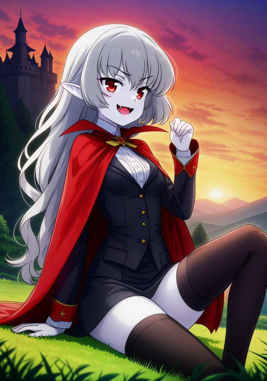 Image of girls und panzer momi no ki to tetsu no hane no majo++, marina constantinescu++, long hair, grey hair, pointy ears, fangs out++, smile, indoors, castle, 1girl, solo, cape, bangs, girls und panzer+, small breasts+, pale skin, outdoors, forest, day, mountainous horizon, jacket+, thighhighs under boots++, dracula cape, sitting on gr, thighhighs++, thighs++, sunset, red eyes++, smug++