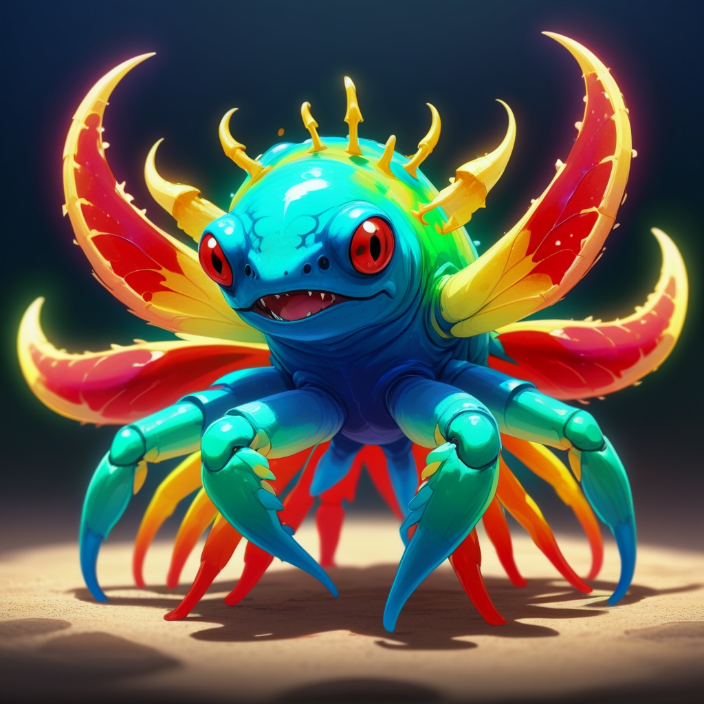 Image of Anomalocarimon-X-Antibody with red green yellow and blue vivid palette in gatcha art style