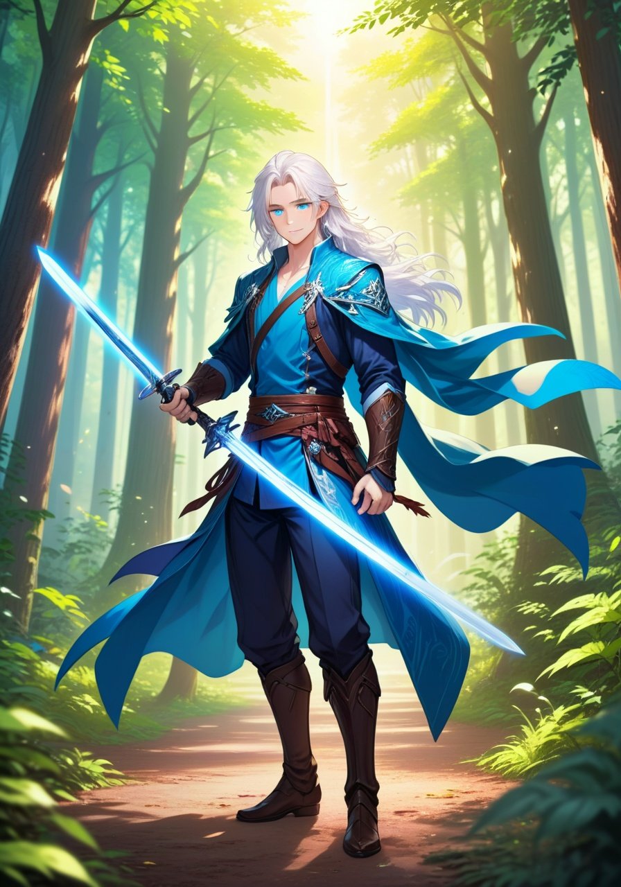 Image of 1 guy, solo, cute guy, handsome fantasy costume+, dynamic sword pose+, blue eyes, sweet smile, long white hair, detailed clothes, sword aura, forest background, masterpiece+