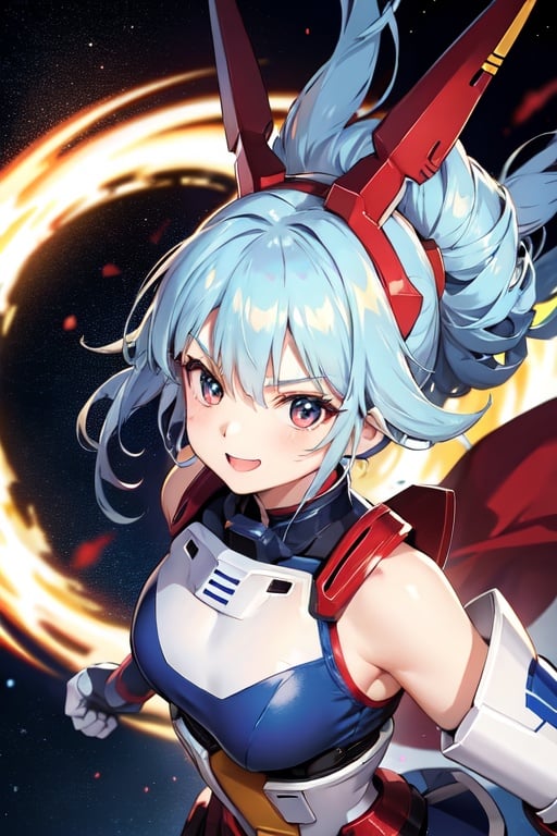 Image of Gundam armor blue red and white ,girl, white hair, spacial base background,smiling, fighting pose