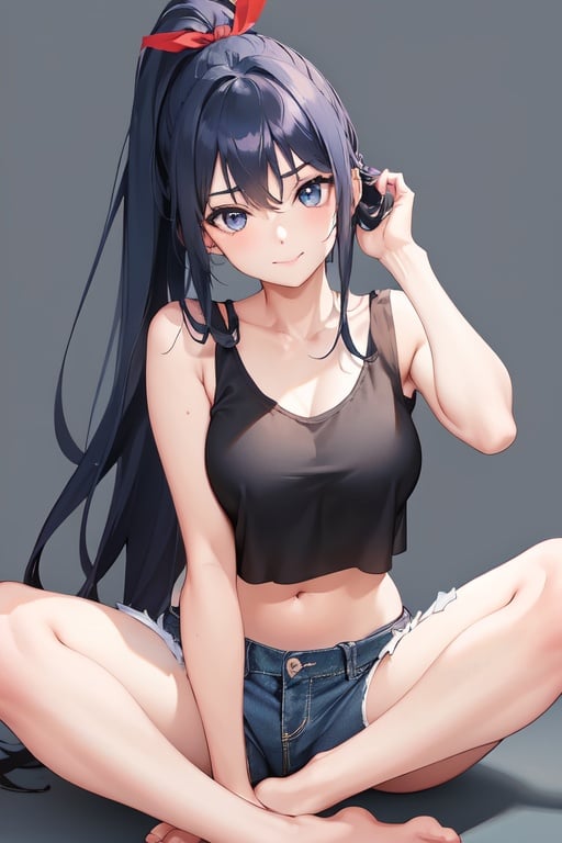 Image of 1girl, solo, dark blue hair, long hair, straight hair, ponytail, hair red ribbon, blue eyes, medium breasts, smile, denim shorts, tank top, simple background, monochrome, gray scale, simple lines, (masterpiece), best quality, expressive eyes, perfect face, 4k, ultra-detailed anime art, ultra-detailed eyes, ultra-detailed hands, sitting, Indian style 