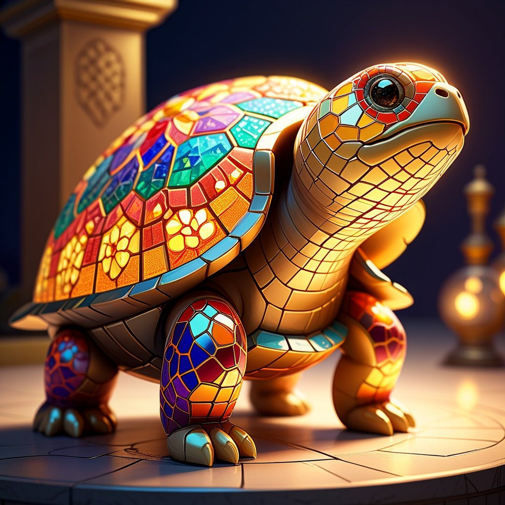 Image of ((Masterpiece, cute cartoon style, official_art, octane-rendering)), 1 mechanical_turtle, (electric_elements surface Kick carving royal fabergé mosaic pattern):1.46, ethereal lighting, 