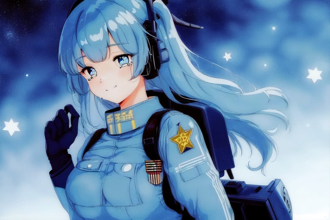 Image of sad smile, crying eyes, blue night star background, boobs, blue eyes, blue hair, long hair, SOLDIER uniform black, gloves, backpack, 1girl, solo, looking at camera, retro++++.