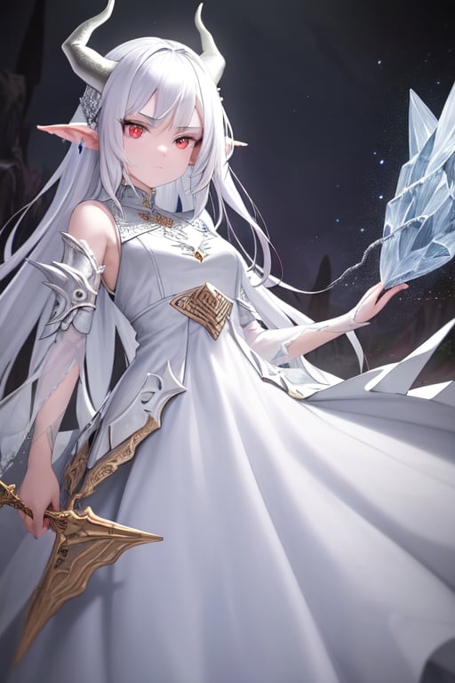 Image of (masterpiece), best quality, expressive white eyes, perfect face, dragon horns, white hair, slit eyes, multicolored eyes, ethereal, fantasy, dreamlike, landscape, Intricate Surface Detail, Crystalcore, Crystals, Bejeweled, ethereal dress, fantasy armor,(abstract background),  holding whip