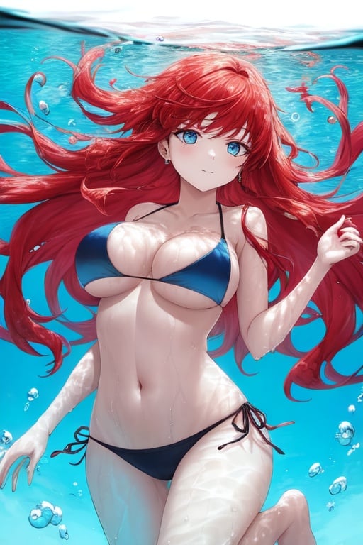 Image of Redhaired woman swimming, underwater, swimsuit, long hair, bikini, navel, blue eyes, air bubble, water, cleavage