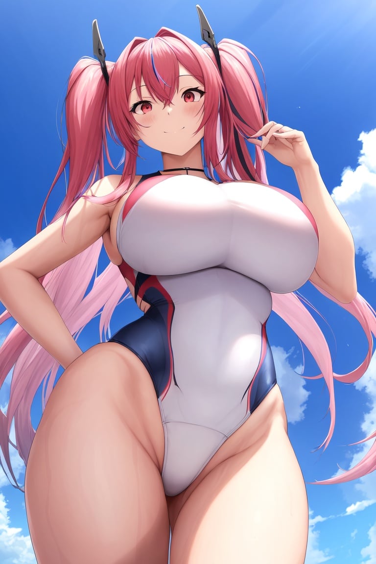 Image of absurdres, azur lane, bremerton (azur lane), long hair, streaked hair, pink hair, red eyes, huge breasts, cleavage, one-piece swimsuit, highleg swimsuit, white swimsuit++, fingerless gloves, sneakers, outdoors, sunrise+, street, looking at viewer, from below, smile, standing, hands on hips, masterpiece+++