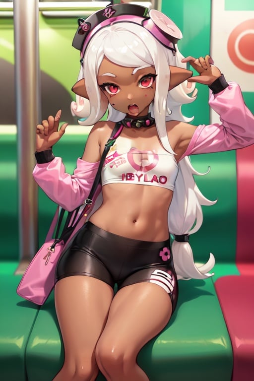 Image of 1girl, solo, (octoling girl)++, round octoling ears, splatoon+, tentacle hair, (white hair)++, (subway train)+++, distracted, sitting+, open mouth, (dark skin)++