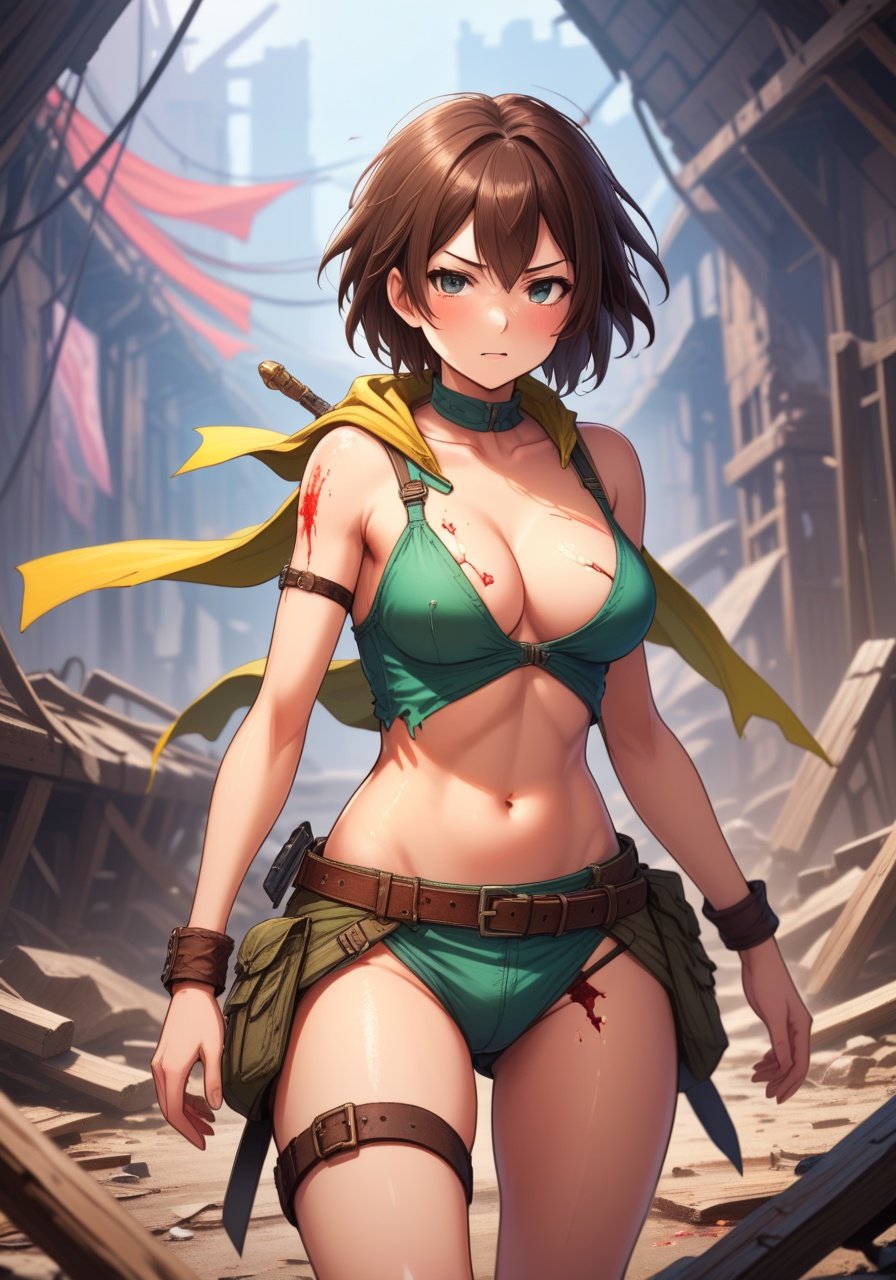 Image of Female adventurer in a battle with her clothes in an extreme state of lewd disrepair