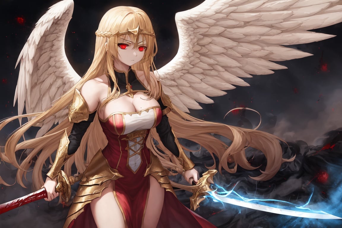 Image of 1girl, long hair, red glowing eyes, golden hair, white battle dress, big breasts, cleavage, large angel wings, blood on dress, holding a blue sword with gold hilt, blood on sword, angry, furious