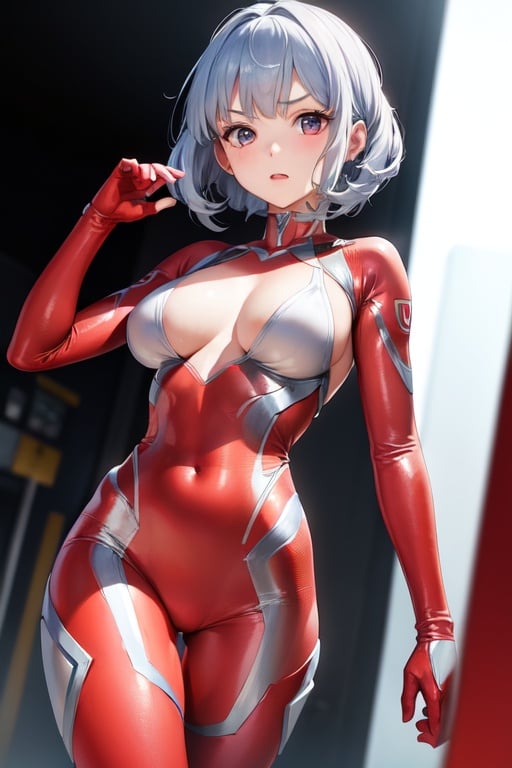 Image of a girl transformed into  ULTRAMAN, silver and red body suits