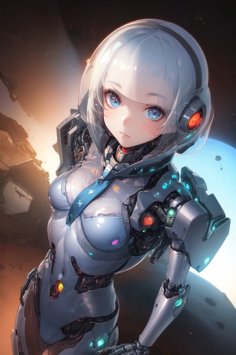 Image of (girl on the mars, view planet ground)+++,1girl,(space suit)+++,(perfect anatomy)+++,(cyborg mecha girl)++,(stylish angle)++++,(necktie)+,(industrial Design headphones)+,(high small breasts closed translucent bra)+++,(cute loli)++,(lower bobbed hair)+,(look at viewer)+++,(1 cyborg android small chest loli)++,(ultra-detailed),(gleaming skin)+++,(eyes dark blue),