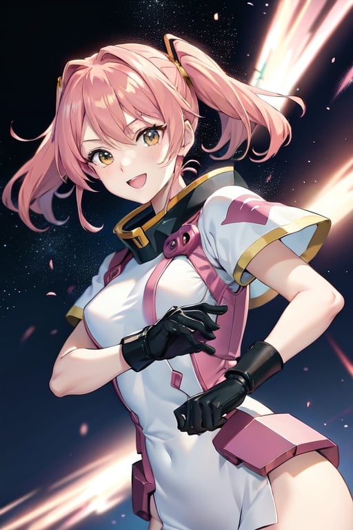 Image of Gundam wing girl, pink hair, spacial base background,smiling, fighting pose