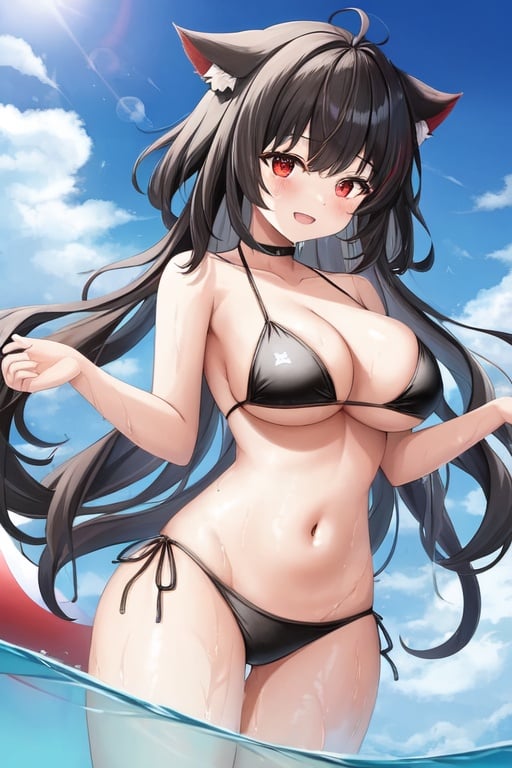 Image of 1girl, solo, beach background, cute face, smile, looks at viewer, black long hair, red eyes black neko ears, bikini, character yamashiro, she wants to hug you, medium boobs