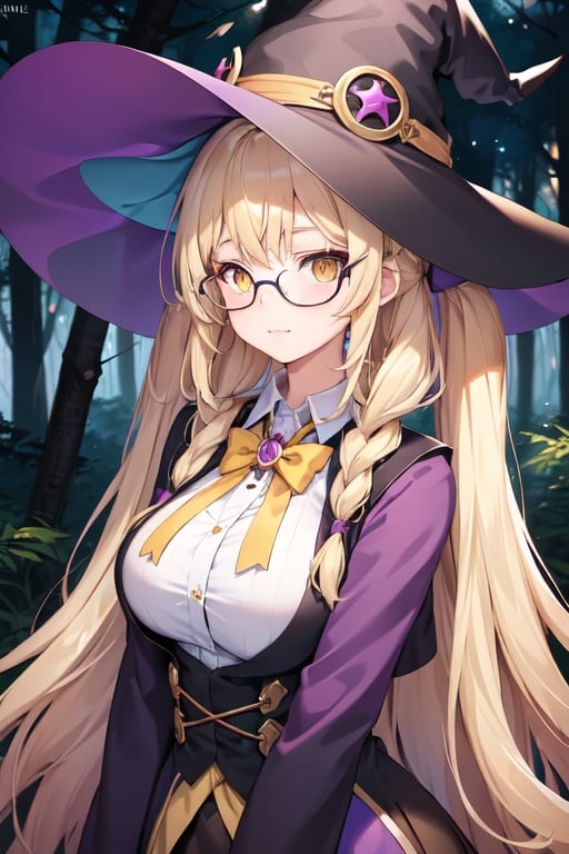 Image of Long hair, girl, two pigtails, Yellow eyes, purple witch costume, glasses, forest background, purple witch hat, Very tall, Blonde hair, big ass, Big tits