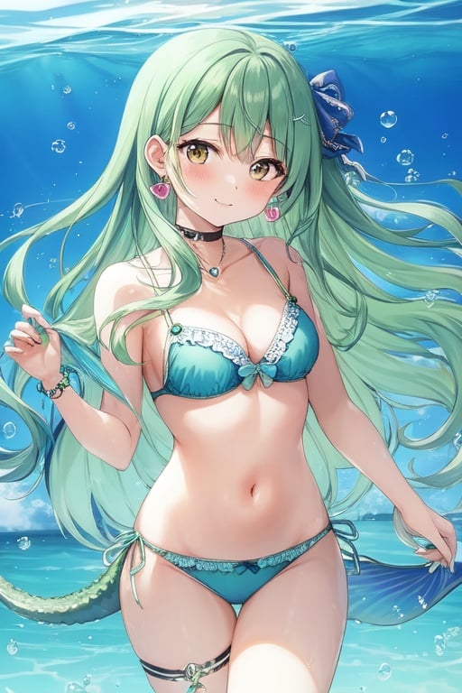 Image of a mermaid swimming in the ocean with her hair flowing behind her as she magestically swims, jewelry, cute, green hair, earrings soft lighting, neck ribbon, arm ribbon, bursting breasts, hands over heart, 