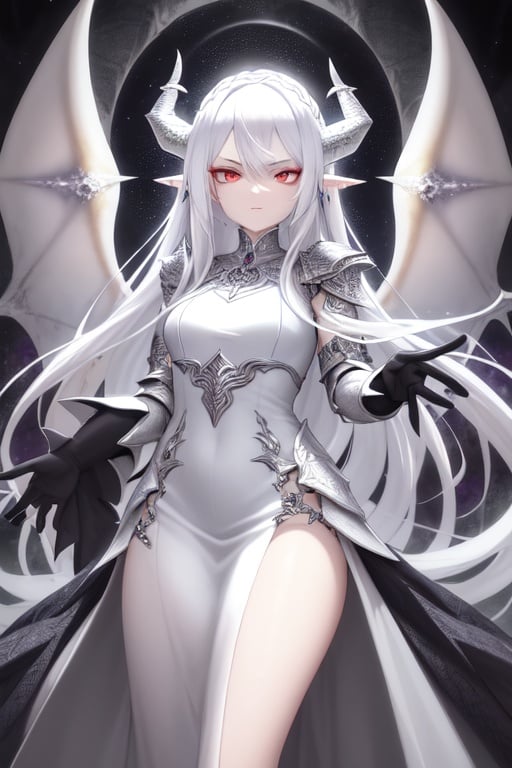 Image of (masterpiece), best quality, expressive white eyes, perfect face, dragon horns, white hair, slit eyes, multicolored eyes, ethereal, fantasy, dreamlike, landscape, Intricate Surface Detail, Crystalcore, Crystals, Bejeweled, ethereal dress, fantasy armor,(abstract background),  holding whip