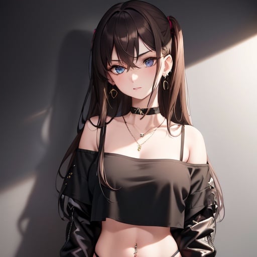 Image of masterpiece++, ultra-detailed++, pixiv++, best shadows++, best lighting++, best quality++, cinematic shot, rim lightning, 1girl, solo, piercing, choker, ear piercing, jewelry, long hair, looking at viewer, navel, shirt, blue eyes, black choker, necklace, two side up, earrings, upper body, simple background, bangs, brown hair, midriff, black shirt, chain, hair between eyes, off shoulder