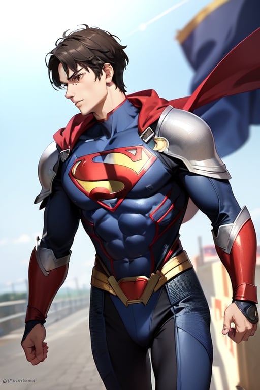 Image of A GUY wearing a battle armor inspired by SUPERMAN