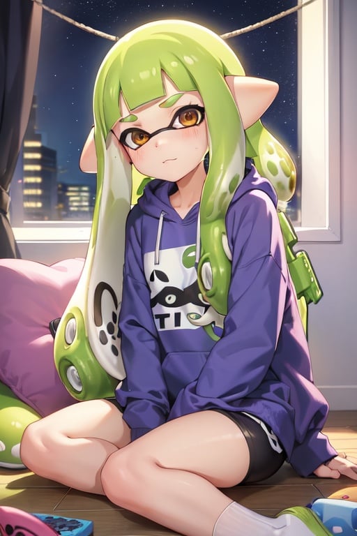 Image of 1girl, solo, (inkling girl)++, splatoon+, tentacle hair, (lime hair)+, long hair, half up hair, half down hair, bike shorts, white socks, shoes-, sitting in chair, bedroom, looking at PC, gaming, oversized hoodie, pink hoodie, yellow eyes, tan skin, night++, string lights