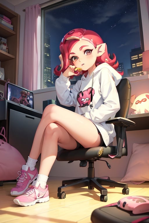 Image of 1girl, solo, (octoling girl)++, splatoon+, tentacle hair, gamer+, bike shorts, white socks, shoes-, sitting in chair, bedroom, looking at PC, gaming, oversized hoodie, (tan skin)+, night++, string lights