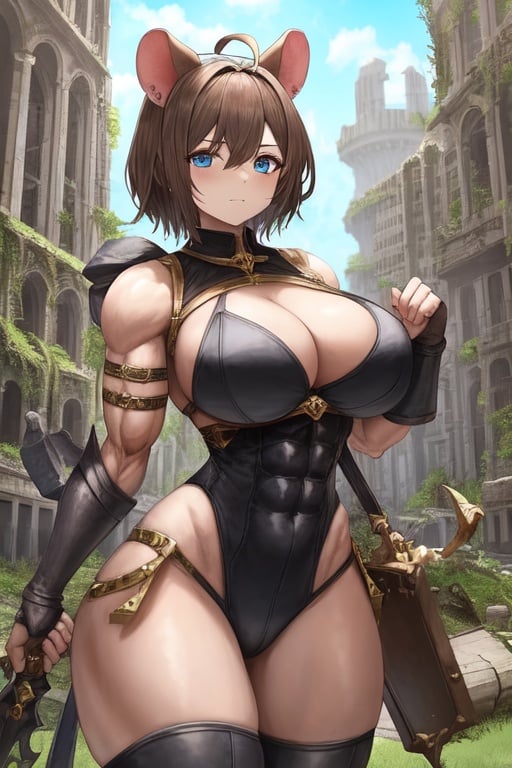 Image of fantasy, ruins, 1girl, hamster ears, short brown hair, blue eyes, large breasts, muscular+, thick thighs.