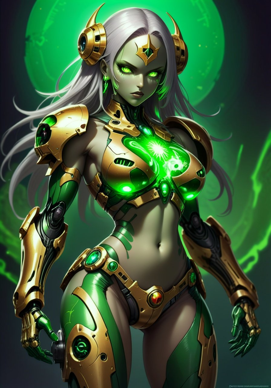 Image of 1 female, synthetic body,Warhammer 40k,Necron,C'tan,Star Goddess,(Silver,green,black and gold metal body),Lamia Necrodermis body,snake Necrodermis body,robot body,Pure energy body encased in robot one,wielding Cosmic powers,large breasts,thick thighs,muscular physic,muscular female,best quality,masterpiece