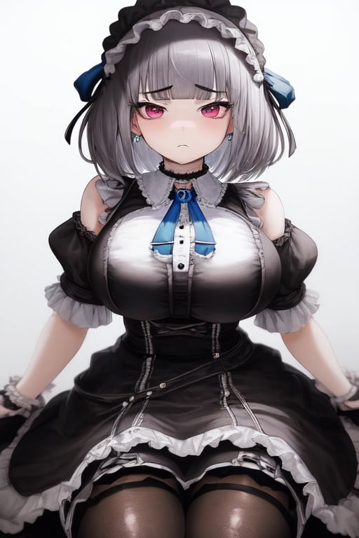 Image of 1girl, bursting breasts, Lolita  Lolita fashion, Lolita dress, neck necktie between breasts, open mouth, chunky black boots, charm bracelet, bob cut, long braid, frowning, thick thighs, blue eyeshadow, pantyhose