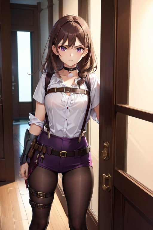 Image of 1girl, solo, brown hair, purple eyes, furrowed brow, armor, suspenders, choker, piercing-, indoors+