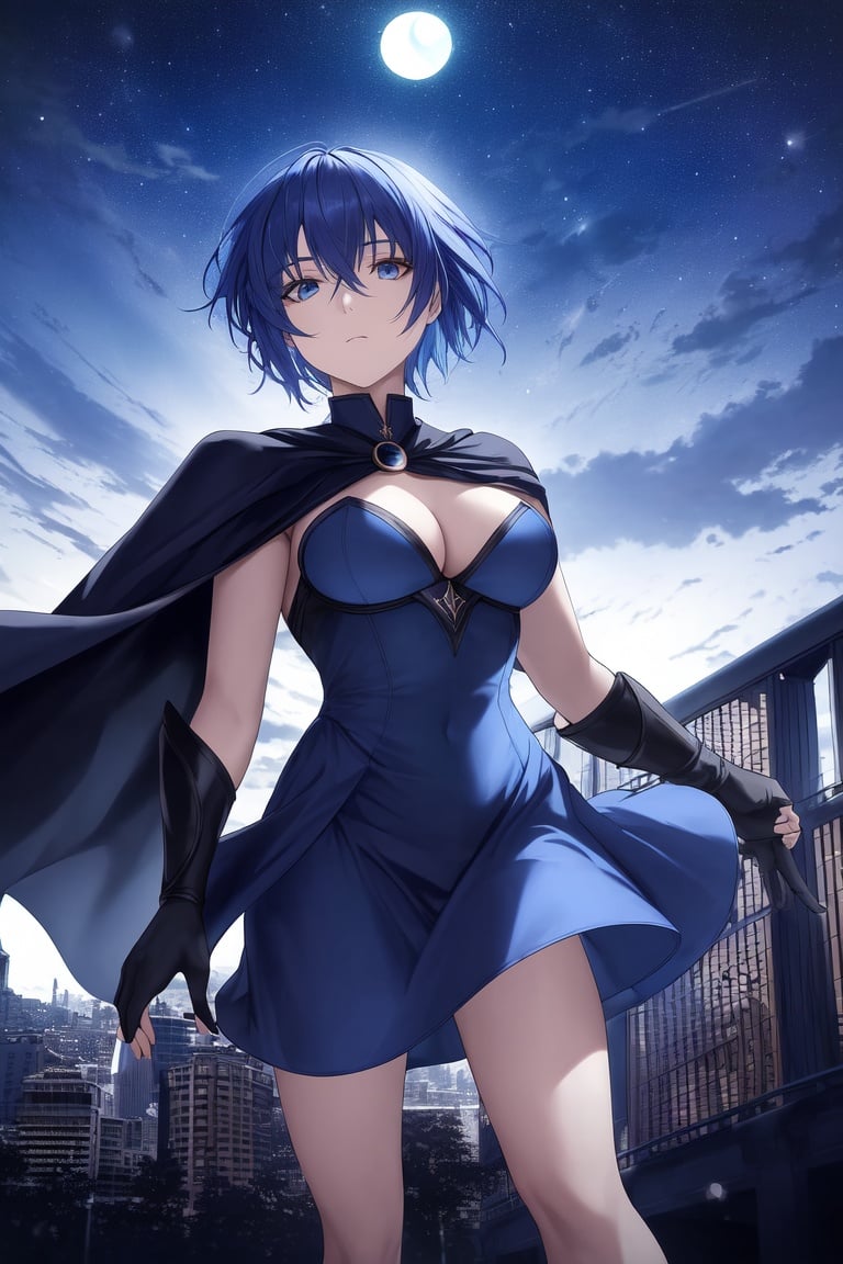 Image of absurdres, tsukihime, ciel (tsukihime), short hair, blue hair, blue eyes, large breasts, cleavage, strapless dress, blue dress++, combat boots, fingerless gloves, black cape++, outdoors, night+, cityscape, crescent moon, expressionless, wind lift, looking at viewer, from below, masterpiece+++