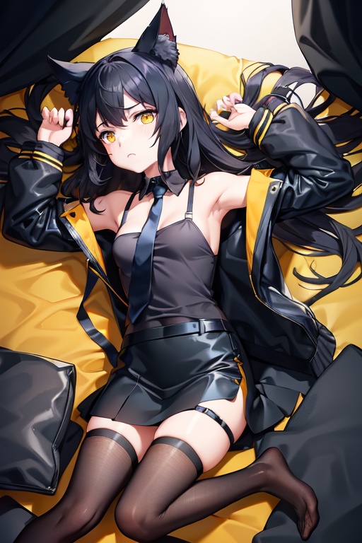 Image of Solo, cat ears, yellow cat eyes, black jacket, Shoulder strap shifted black cropped camisole, blue tie, black tight Skirt, black knee socks, black long boots, black hair, long hair, two side up, in the room, lying down, sofa, flat breast, embarred face, raise both arms