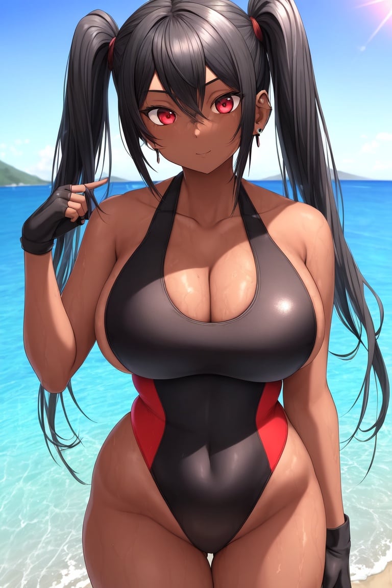 Image of absurdres, 1girl, dark-skinned female, twintails, black hair, red eyes, large breasts, cleavage, one-piece swimsuit, highleg swimsuit, black swimsuit++, fingerless gloves, sneakers, earrings, outdoors, sunrise+, beach, looking at viewer, from above, breast focus, happy, hand up, masterpiece+++