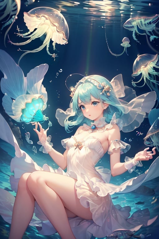 Image of (highest quality), (masterpiece), (super detailed), illustration, detailed light, (very delicate and beautiful girl),
 jellyfish girl, upper body, floating in water, (underwater), (light), (bubbles), delicate and adorable face, falling in love,
 (rainbow eyes), light teal hair, (dress), ribbon, lace, pearls, fish, (jellyfish), Beautiful scenery (top quality),
 (masterpiece), (super detailed), illustration, detailed light, (very delicate and beautiful girl), jellyfish girl, upper body,
 floating in water, (under the sea), (light), (bubbles), delicate and adorable face, falling in love, (rainbow eyes),
 light teal hair, (dress), ribbon, lace, pearl, fish, (jellyfish), beautiful scenery 1, Jewlery, mermaid, scales, 
