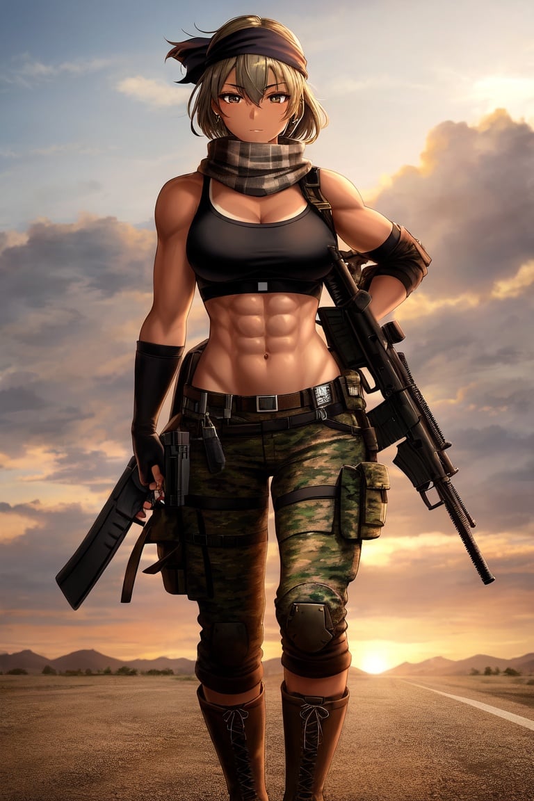 Image of 1 girl,solo,teenage,toned,tan,Mercenary, camo, bandana, strapless, top, gloves, boots, cargo pants, battlefield,beautiful mecanic