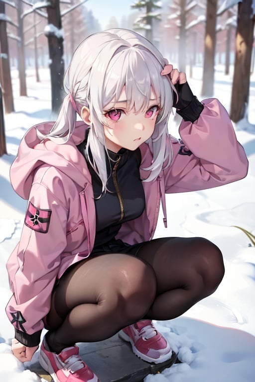 Image of 1girl, solo, squatting, from above, white hair, pink eyes, :3, jacket, pantyhose, forest