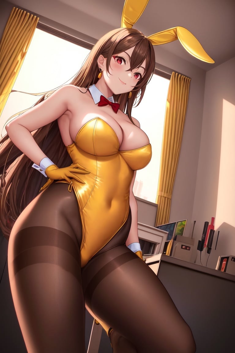 Image of absurdres, 1girl, long hair, brown hair, red eyes, large breasts, cleavage, playboy bunny, yellow leotard++, pantyhose, brown legwear++, high heels, earrings, lipstick, indoors, living room, window, sunset+, looking at viewer, dutch angle, light smile, hand on hip, masterpiece+++