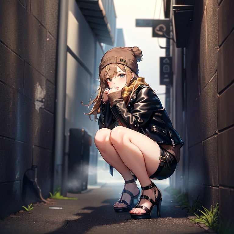 Image of 1girl, solo, teen, age 16-18, (brown high heel sandals)+++, (leather shorts)+++, belt+, (black sweater)+++, (tucked in)+, (leather jacket)+++, scarf++, beanie++, crouching+++, (in dark alley)++, foggy++, cloudy++, full body visible